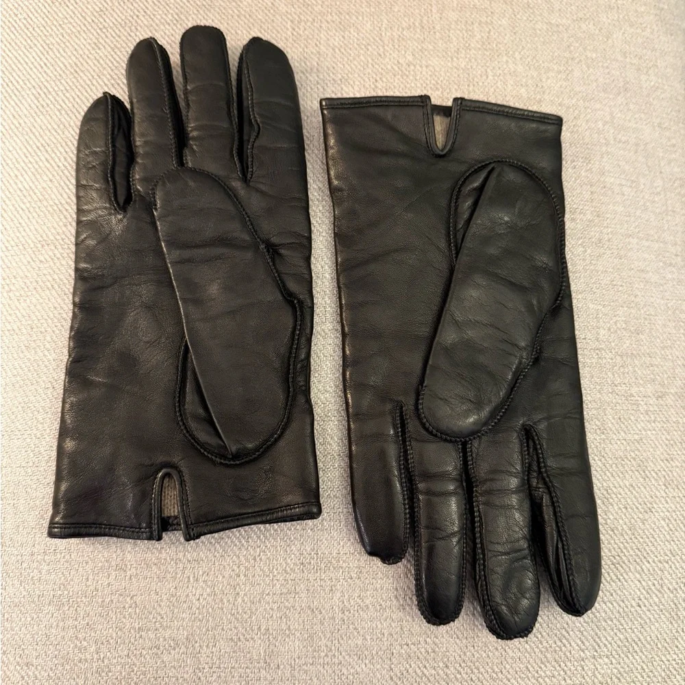 Coach Leather Gloves with Signature Cuff and Cashmere Lining - Black - Size 8